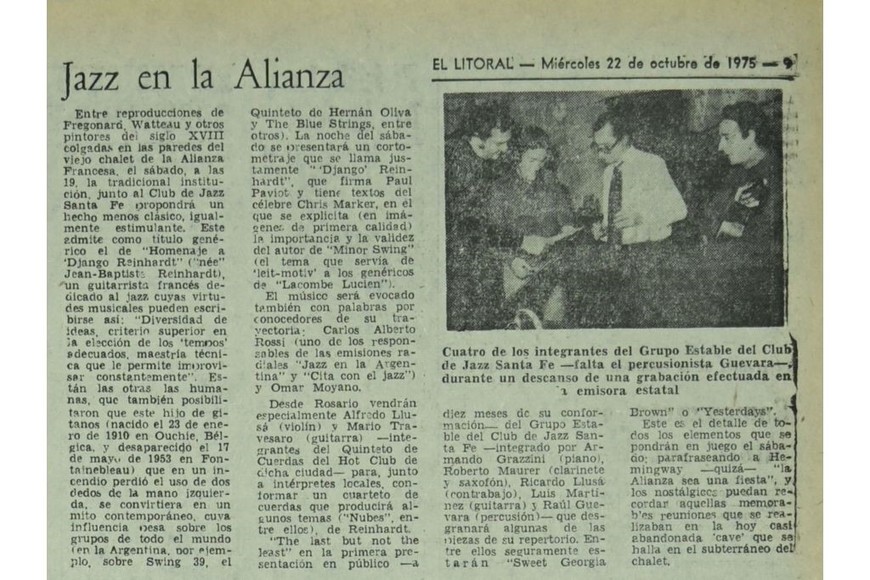 Recorte de El Litoral del miércoles 22 de octubre de 1975, anunciando el concierto y jam session del sábado 25, fecha fundacional del jazz en Santa Fe.
