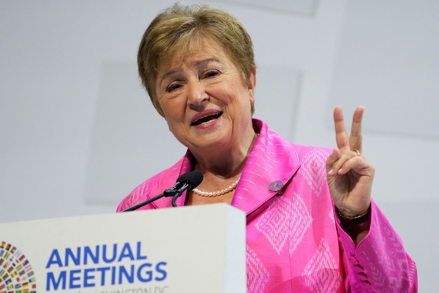 International Monetary Fund (IMF) Managing Director Kristalina Georgieva gestures as she speaks during the IMF/World Bank annual meetings in Washington, D.C., U.S., October 17, 2025. REUTERS/Ken Cedeno