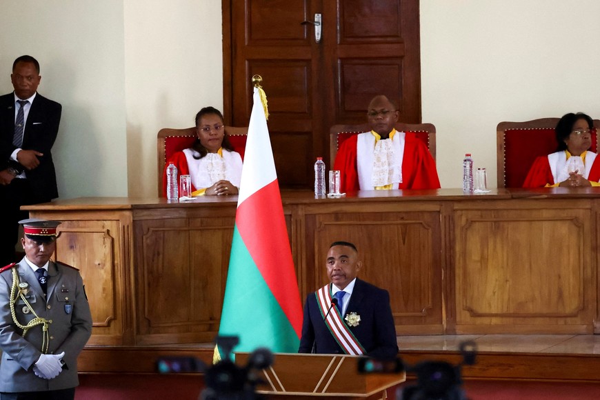 Madagascar's new military ruler, Colonel Michael Randrianirina, speaks after being sworn in as president on Friday, taking over from Andry Rajoelina following a coup that ousted him, at the constitutional court in Antananarivo, Madagascar, October 17, 2025.REUTERS/Siphiwe Sibeko REFILE - CORRECTING CITY SPELLING " FROM "ANTANARIVO" TO "ANTANANARIVO".