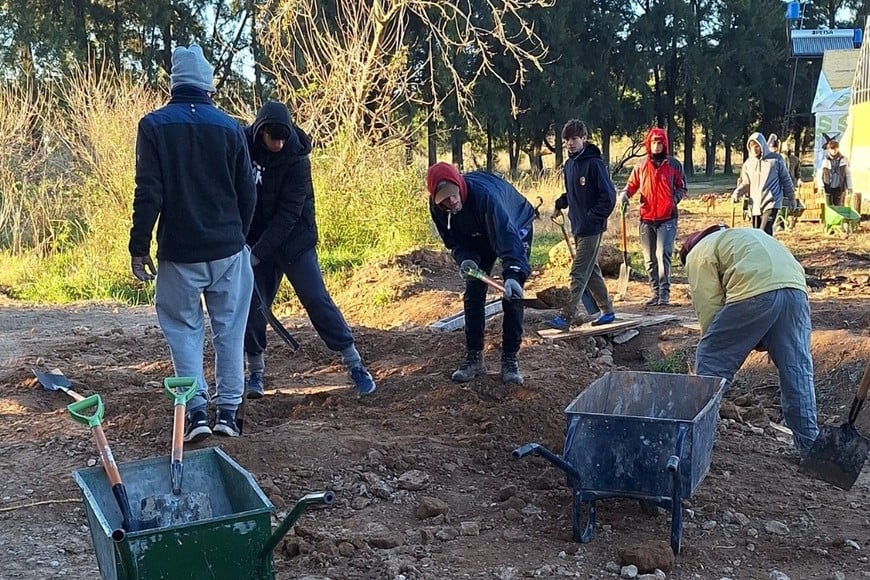 Estudiantes trabajando en la construcción de viviendas para familias en situación de vulnerabilidad.
