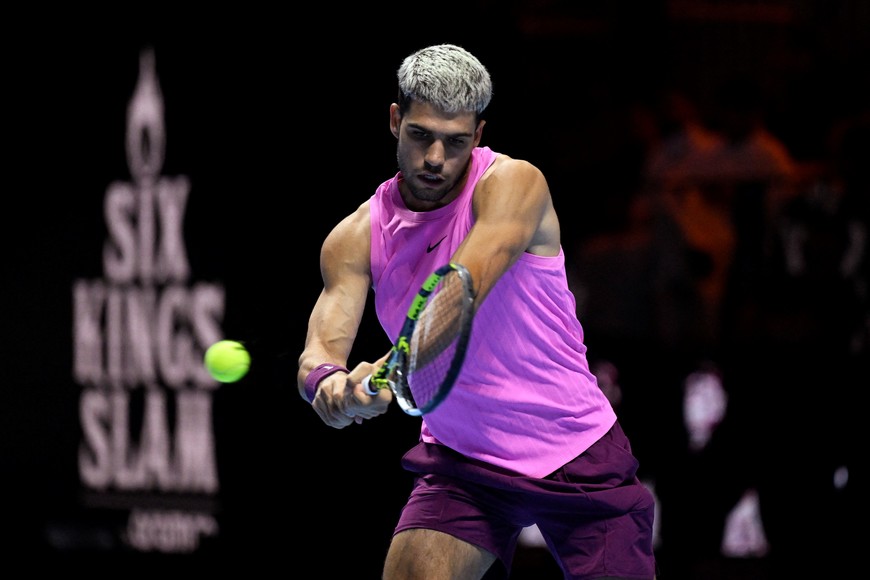 Tennis - Six Kings Slam - ANB Arena, Riyadh, Saudi Arabia - October 18, 2025
Spain's Carlos Alcaraz in action during his final match against Italy's Jannik Sinner REUTERS/Stringer