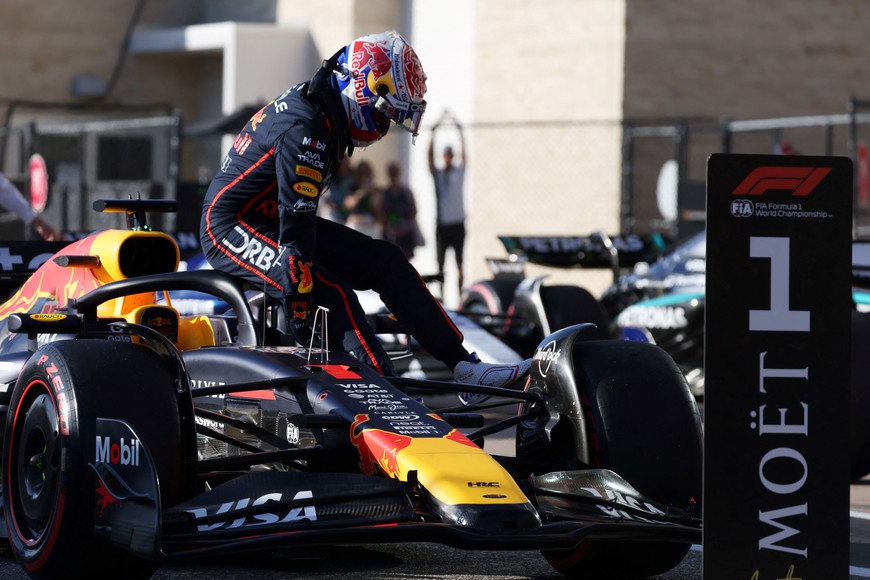 Formula One F1 - United States Grand Prix - Circuit of the Americas, Austin, Texas, U.S. - October 18, 2025
Red Bull's Max Verstappen celebrates after qualifying in pole position REUTERS/Evelyn Hockstein