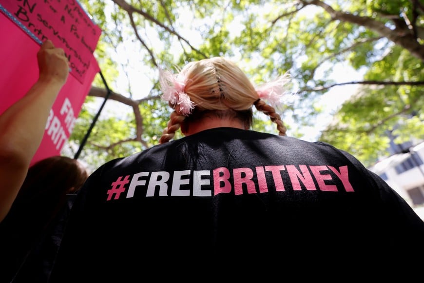 A person protests in support of pop star Britney Spears on the day of a conservatorship case hearing at Stanley Mosk Courthouse in Los Angeles, California, U.S. June 23, 2021. REUTERS/Mario Anzuoni