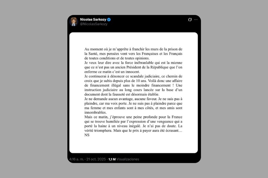 La publicación en X de Sarkozy.