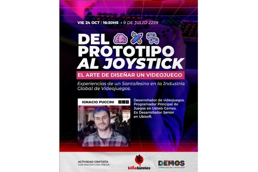 El anuncio de la charla “El arte de diseñar un videojuego”.