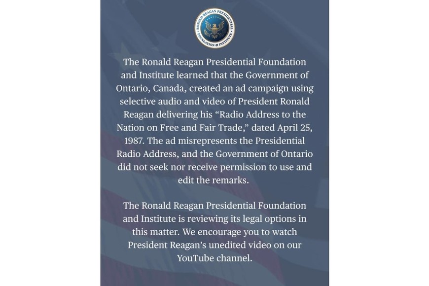 El comunicado de la Fundación Ronald Reagan.