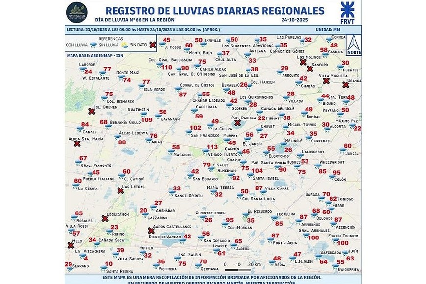 Registro de lluvias entre las 9 a.m. del jueves 23 y las 9 a.m. del viernes 24. Foto: Gentileza UTN FRVT