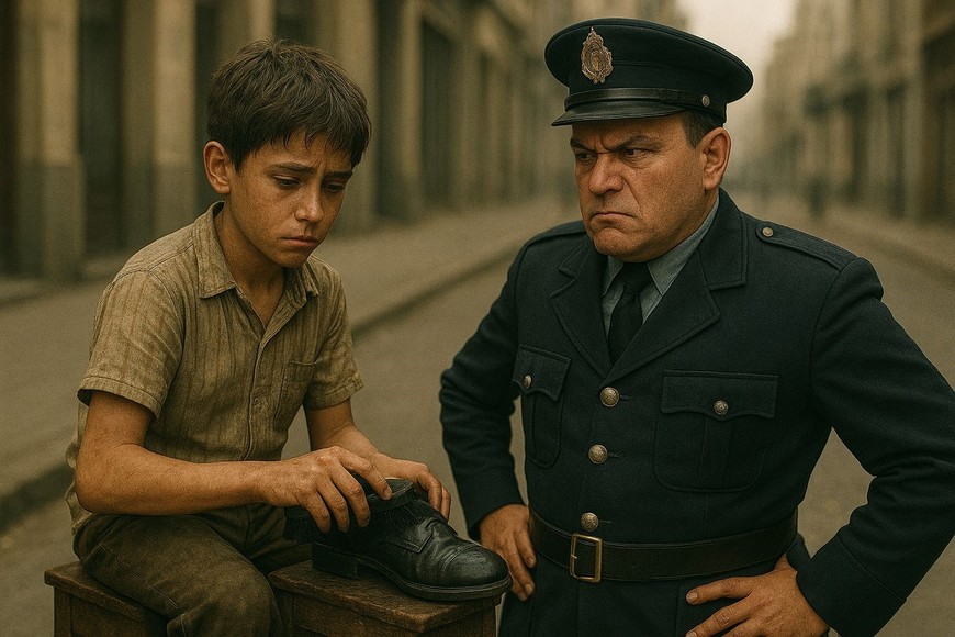 Un niño lustrando zapatos. Imagen creada con IA. Crédito: El Litoral