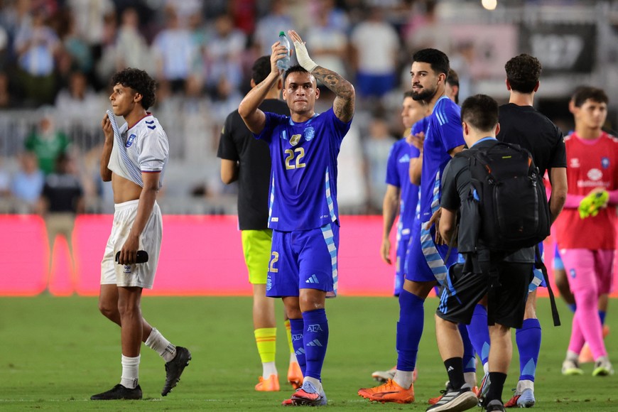 Oct 14, 2025; Fort Lauderdale, Florida, USA; Argentina forward Lautaro Martinez (22) celebrates after the game against Puerto Rico at Chase Stadium. Mandatory Credit: Sam Navarro-Imagn Images
