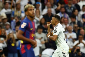 Soccer Football - LaLiga - Real Madrid v FC Barcelona - Santiago Bernabeu, Madrid, Spain - October 26, 2025
Real Madrid's Kylian Mbappe celebrates scoring a goal that was later disallowed for offside REUTERS/Albert Gea     TPX IMAGES OF THE DAY