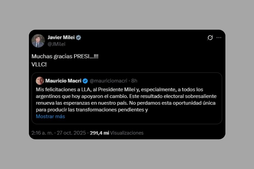 El agradecimiento de Milei a Macri.