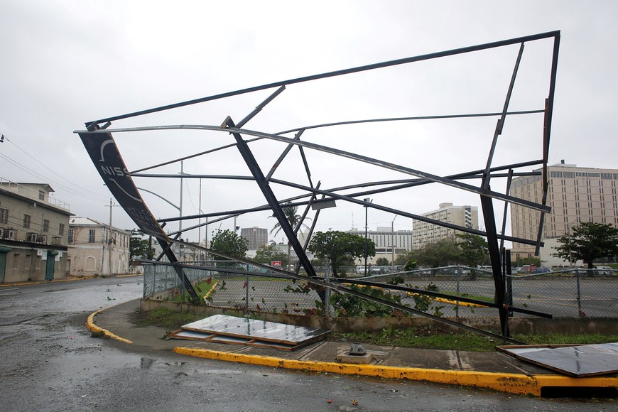 A partially collapsed hoarding frame, as Hurricane Melissa approaches, in downtown Kingston, Jamaica, October 28, 2025. REUTERS/Octavio Jones