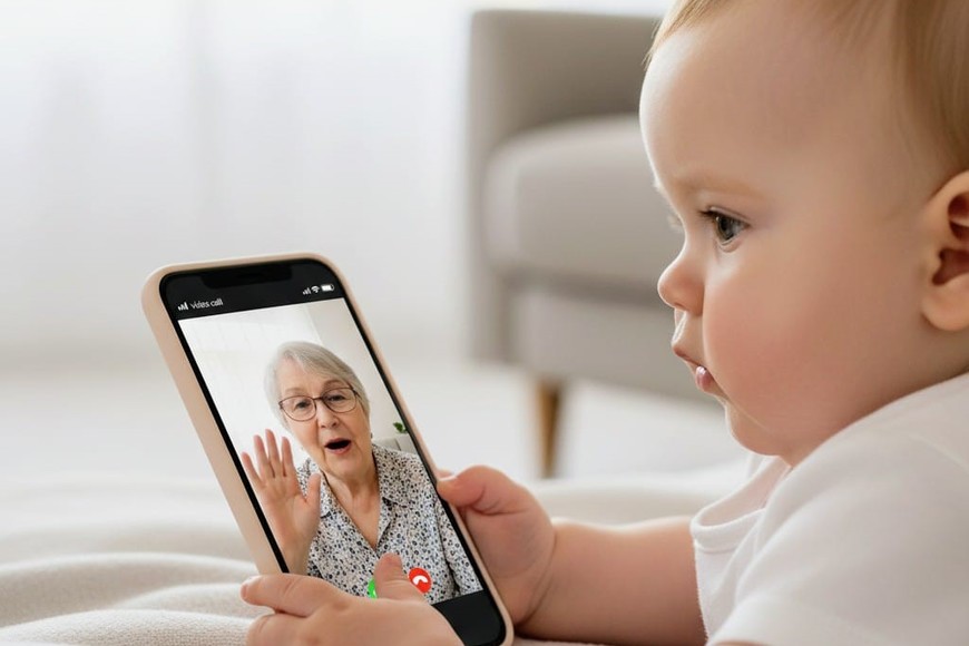 La excepción: bebé en video llamada con su abuela, que vive en otro  país.