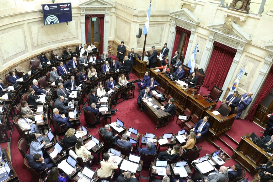 FILE PHOTO: Members of Argentina's Senate debate on President Javier Milei's vetoes concerning the university funding law and the emergency law for paediatric hospitals, at the National Congress, in Buenos Aires, Argentina October 2, 2025. REUTERS/Francisco Loureiro/File Photo
