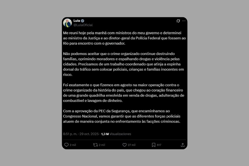 El mensaje de Lula en X.