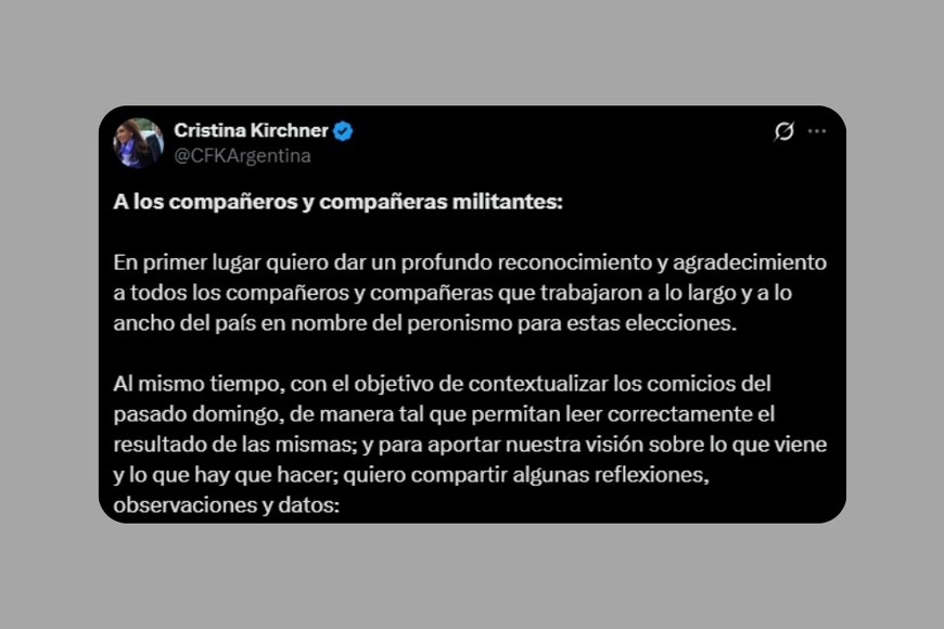 La publicación de CFK en X.