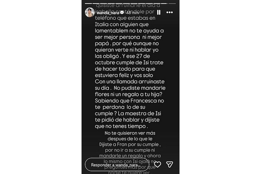 La conductora también increpó a su ex por su actitud en el cumpleaños de Isabella, hija de ambos.