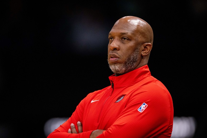 Jan 24, 2025; Charlotte, North Carolina, USA; Portland Trail Blazers head coach Chauncey Billups during the first quarter against the Charlotte Hornets at Spectrum Center. Mandatory Credit: Scott Kinser-Imagn Images