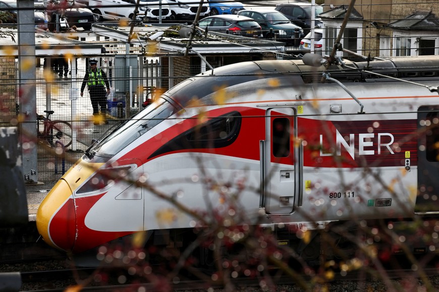 The London North Eastern Railway train where a series of stabbings took place, is parked at a platform at Huntingdon Station, near Cambridge, Britain, November 2, 2025. REUTERS/Jack Taylor