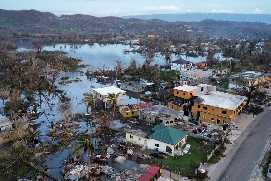 Drone view of damaged buildings in the aftermath of Hurricane Melissa, in Lacovia, Saint Elizabeth Parish, Jamaica, November 1, 2025. REUTERS/Raquel Cunha