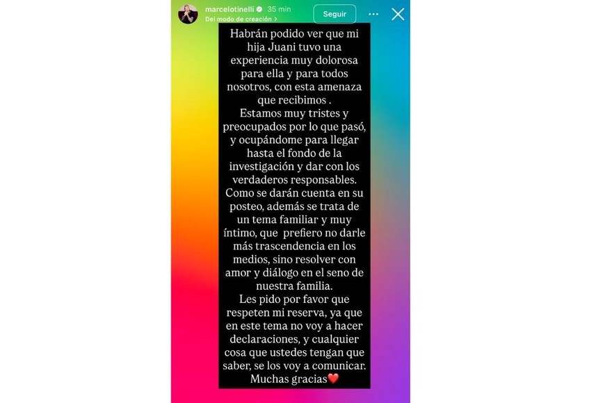 Marcelo Tinelli respondió con un mensaje de apoyo y pidió respeto por la intimidad de su hija y su familia.