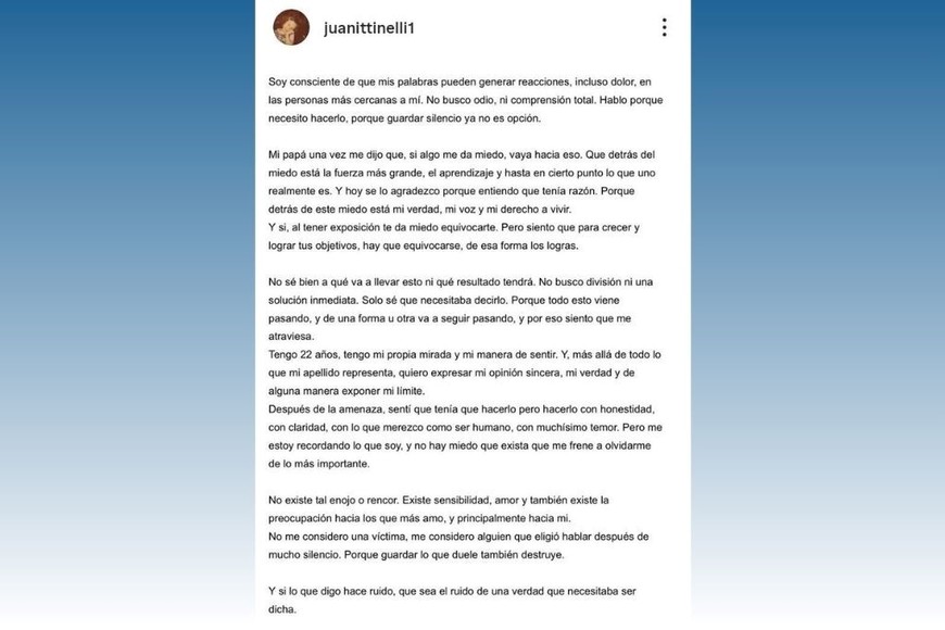 Juana Tinelli relató en redes que fue amenazada y pidió protección judicial para resguardar su seguridad.