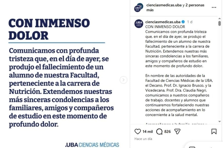 La comunidad universitaria expresó su pesar y la Facultad decretó duelo académico.