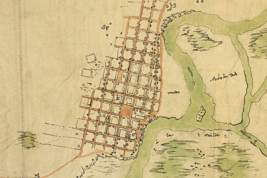Detalle del plano de la ciudad y su entorno del Ing. Estaquio Giannini (1811). En su versión completa reproduce el curso completo del riacho Santa Fe. Crédito: Archivo El Litoral