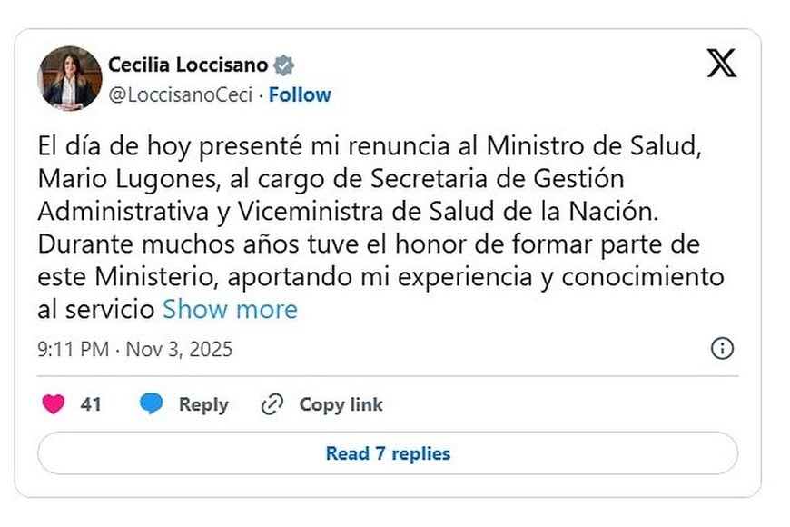 La publicación de Cecilia Loccisano en redes sociales.
