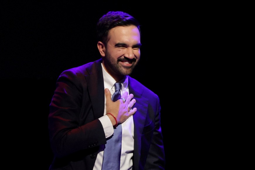 Democratic candidate for New York City mayor Zohran Mamdani reacts after winning the 2025 New York City Mayoral race, at an election night rally in the Brooklyn borough of New York City, New York, U.S., November 4, 2025. REUTERS/Jeenah Moon