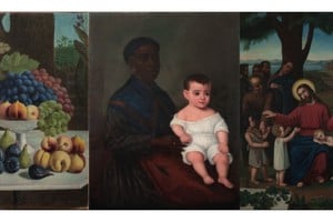 “Frutas” y Negra y niño” (registro de obra: Enzo Mansilla) y “Jesús y los niños” (Cecilia Casenave), tres de las obras incluidas. Foto: Gentileza Ministerio de Cultura de Santa Fe