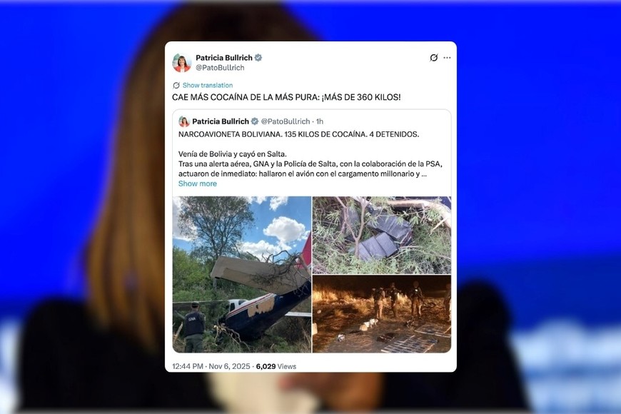 "Cae más cocaína" dijo Bullrich. Foto: X
