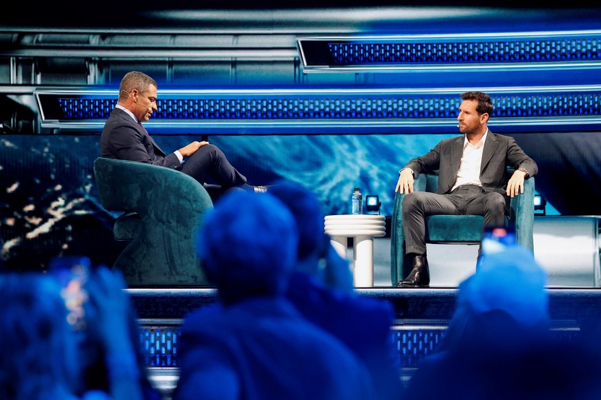 Miami's Mayor Francis Suarez interviews Argentine soccer player Lionel Messi at the America Business Forum in Miami, Florida, U.S., November 5, 2025. REUTERS/Marco Bello