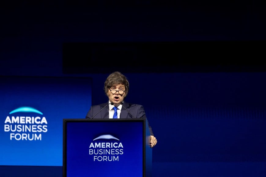 Argentina's President Javier Milei speaks during the America Business Forum at Kaseya Center in Miami, Florida, U.S. November 6, 2025. REUTERS/Marco Bello