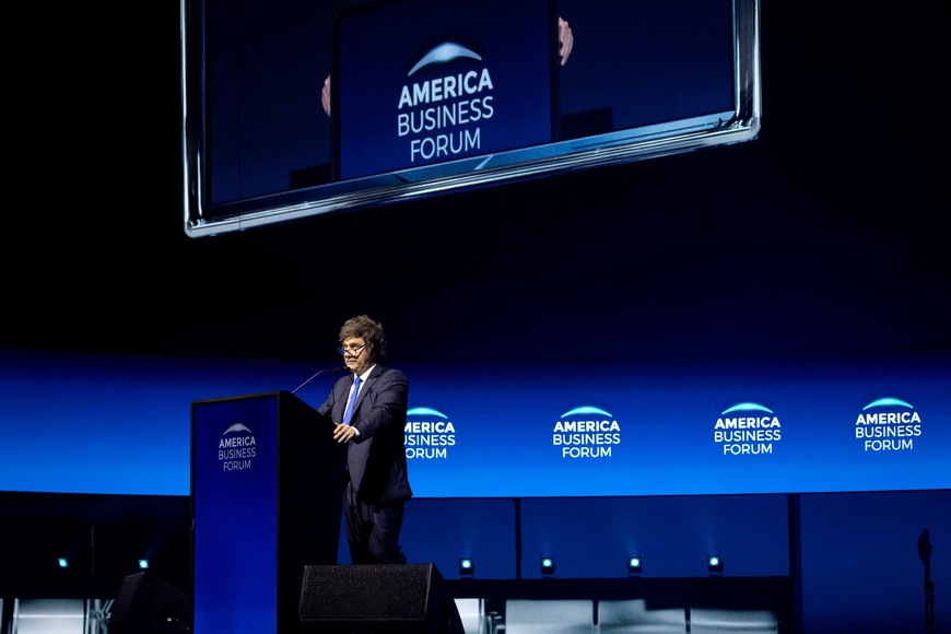 Argentina's President Javier Milei speaks during the America Business Forum at Kaseya Center in Miami, Florida, U.S. November 6, 2025. REUTERS/Marco Bello
