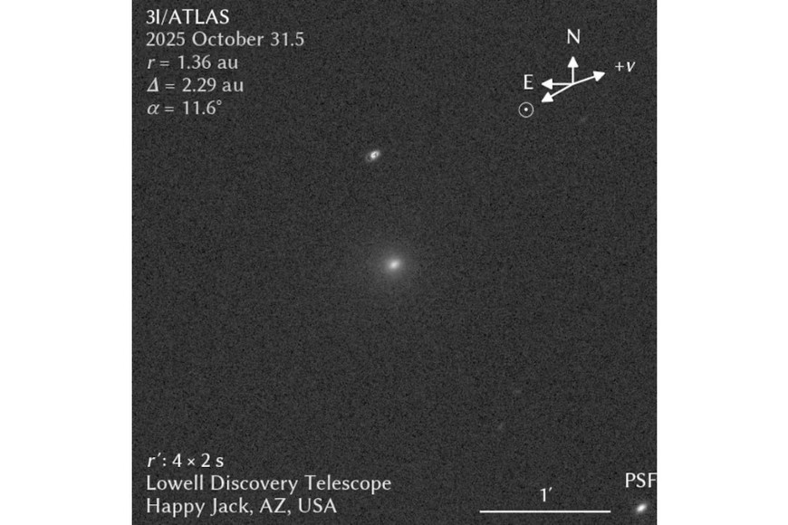 La imagen inédita del cometa 3I/ATLAS que se tomó el 28 de octubre desde el telescopio Discovery del Observatorio Lowell.