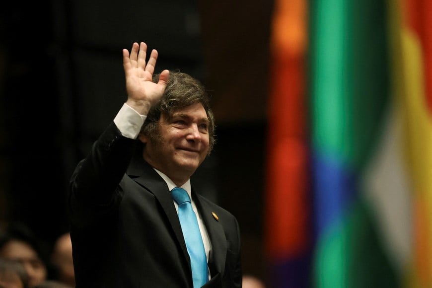 Argentina's President Javier Milei attends Bolivian President-elect Rodrigo Paz's swearing-in ceremony at the Plurinational Legislative Assembly in La Paz, Bolivia, November 8, 2025. Luis Gandarillas/Pool via REUTERS