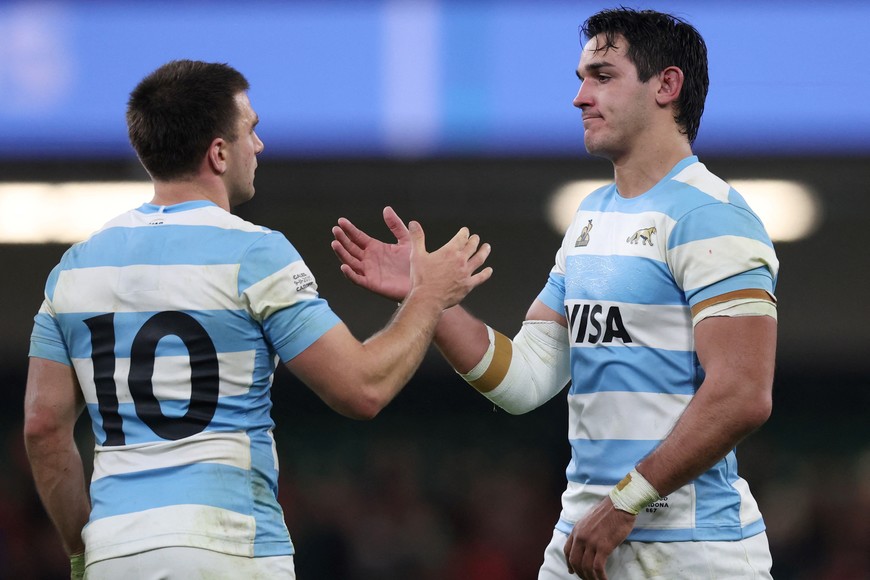 Rugby Union - Autumn Internationals - Wales v Argentina - Principality Stadium, Cardiff, Wales, Britain - November 9, 2025
Argentina's Geronimo Prisciantelli and Santiago Grondona celebrate after the match Action Images via Reuters/Paul Childs