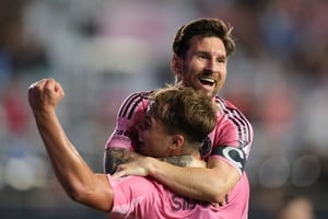 Nov 8, 2025; Fort Lauderdale, Florida, USA; Inter Miami CF forward Lionel Messi (10) celebrates with forward Mateo Silvetti (24) after scoring against Nashville SC during the first half at Chase Stadium. Mandatory Credit: Sam Navarro-Imagn Images