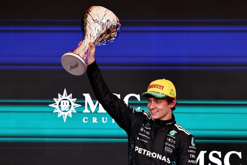 Formula One F1 - Sao Paulo Grand Prix - Autodromo Jose Carlos Pace, Sao Paulo, Brazil - November 9, 2025
Mercedes' Andrea Kimi Antonelli celebrates on the podium after finishing second in the Sao Paulo Grand Prix REUTERS/Jean Carniel