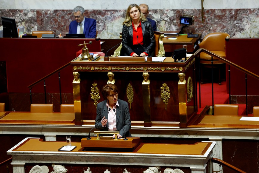 French Minister of Agriculture, Food Sovereignty and Forestry Annie Genevard delivers a government statement before a debate and a vote on the prospect of a trade deal between the European Union and South America's Mercosur bloc, at the National Assembly in Paris, France, November 26, 2024. REUTERS/Stephanie Lecocq