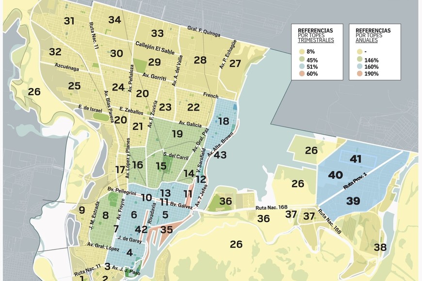 En el mapa, cada una de las Zonas Inmobiliarias de la ciudad. Crédito: El Litoral