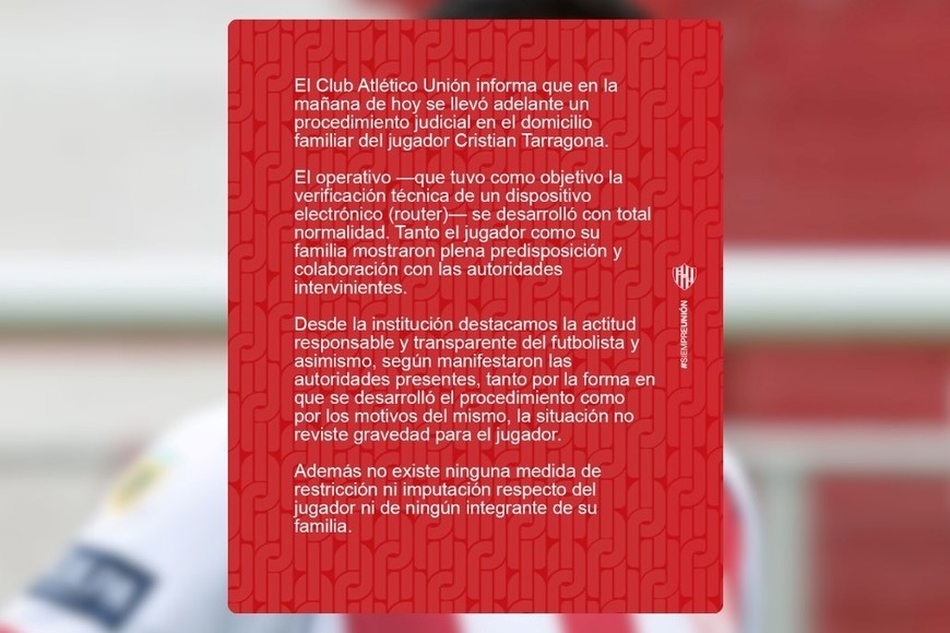 Comunicado de Unión sobre la situación de Cristian Tarragona