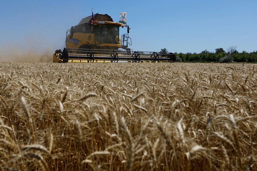 A farmer operates a combine during the start of the wheat harvesting campaign in a field near the town of Starobilsk (Starobelsk) in the Luhansk Region, a Russian-controlled area of Ukraine, July 9, 2025. REUTERS/Alexander Ermochenko