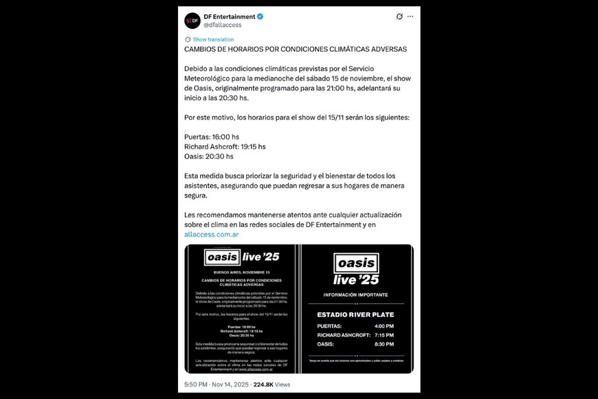 Oasis adelanta su show del sábado en River por la alerta meteorológica