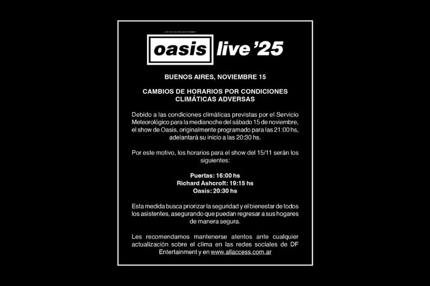 Oasis adelanta su show del sábado en River por la alerta meteorológica