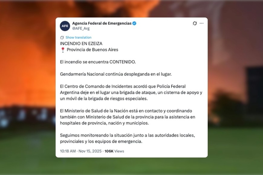 Incendio en Ezeiza: informan que está contenido y refuerzan el operativo federal