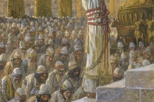 Representación artística de la Dedicación del Templo por Salomón, acuarela de James Tissot, años1896-1902. Acto de un profundo significado religioso y político, ya que simboliza la presencia de Dios entre su pueblo y consolida a Jerusalén como centro espiritual y político de Israel.