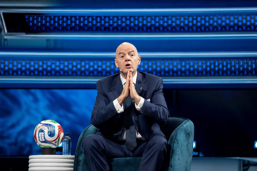 FIFA President Gianni Infantino speaks during the America Business Forum at Kaseya Center in Miami, Florida, U.S. November 5, 2025. REUTERS/Marco Bello