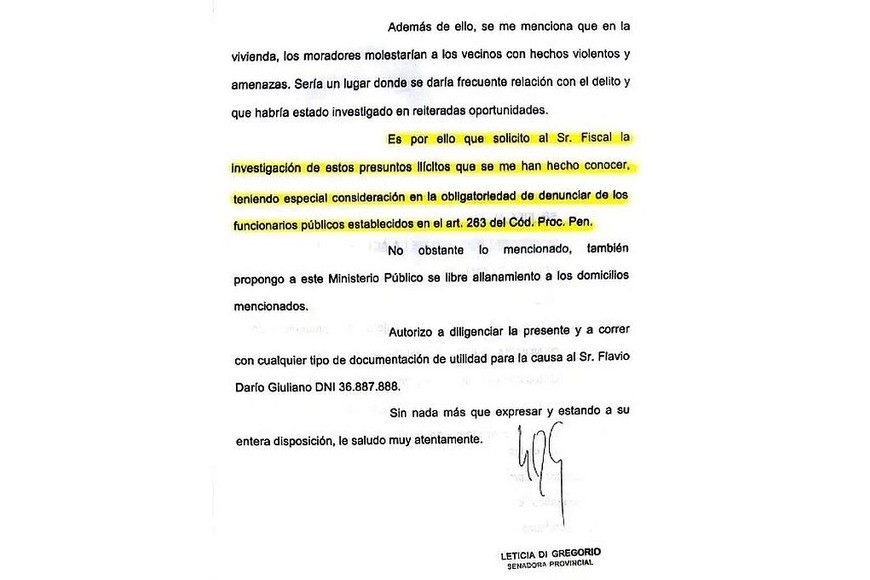 Texto de la denuncia. Gentileza.